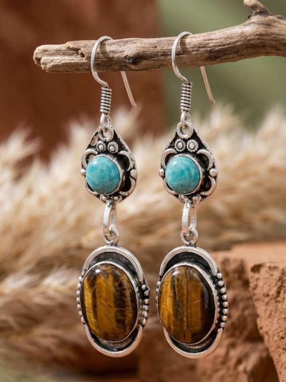 925 Sterling Larimar Tiger's Eye Artisan Drop Earrings Southwestern Boho 2.65in